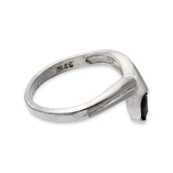 Estate Sterling Silver Blue Rhinestone Heart Ring Size 5 Bypass Style - Picture 3 of 4